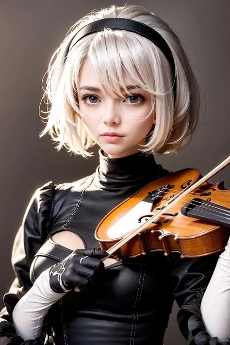 masterpiece, best quality, <lora:2b:1>,
1girl, yorha no. 2 type b, solo, instrument, gloves, violin, no blindfold, hairband, black dress, dress, black hairband, black gloves, white hair, short hair, long sleeves, puffy sleeves, holding, playing instrument, upper body, mole, cleavage cutout, mole under mouth, breasts, music, clothing cutout, holding instrument, looking at viewer, juliet sleeves, artist name, bangs, medium breasts, hair between eyes, blue eyes, closed mouth, grey eyes, pink lips, lips, cleavage, bow (music), black background, turtleneck, simple background