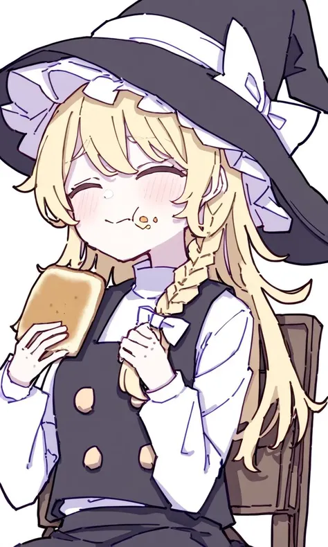 1girl, kirisame marisa, touhou, kame \(kamepan44231\), black headwear, black vest, blonde hair, blush, bow, braid, bread, bread slice, chair, closed eyes, cup, eating, food, food on face, hat, hat bow, holding, holding food, long hair, long sleeves, shirt, simple background, single braid, sitting, solo, toast, vest, white background, white bow, white shirt, witch hat, masterpiece, best quality, newest