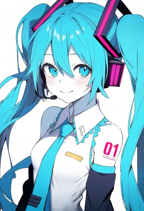 1girl, hatsune miku, vocaloid, arms at sides, bare shoulders, black sleeves, blue hair, blue necktie, blush, closed mouth, collared shirt, colored skin, detached sleeves, from side, hatching \(texture\), headset, linear hatching, long hair, long sleeves, looking at viewer, microphone, necktie, number tattoo, shirt, simple background, smile, solo, tattoo, twintails, upper body, white background, white shirt, white skin, masterpiece, best quality