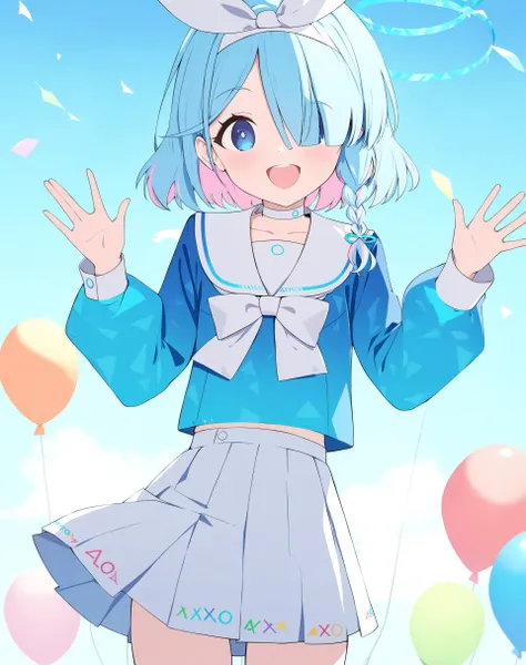 1girl,
arona \(blue archive\),blue eyes,colored inner hair,blue hair,
smile,open mouth,looking at viewer,
bow hairband,blue sailor collar,white pleated skirt,braid,choker,halo,white sailor collar,serafuku,shirt bow,long sleeves,blue school uniform,
blue sky,balloon,Many balloons,
standing,
masterpiece,best quality,absurdres, <lora:kohaku_delta_style_ba_v1-000012:0.8>