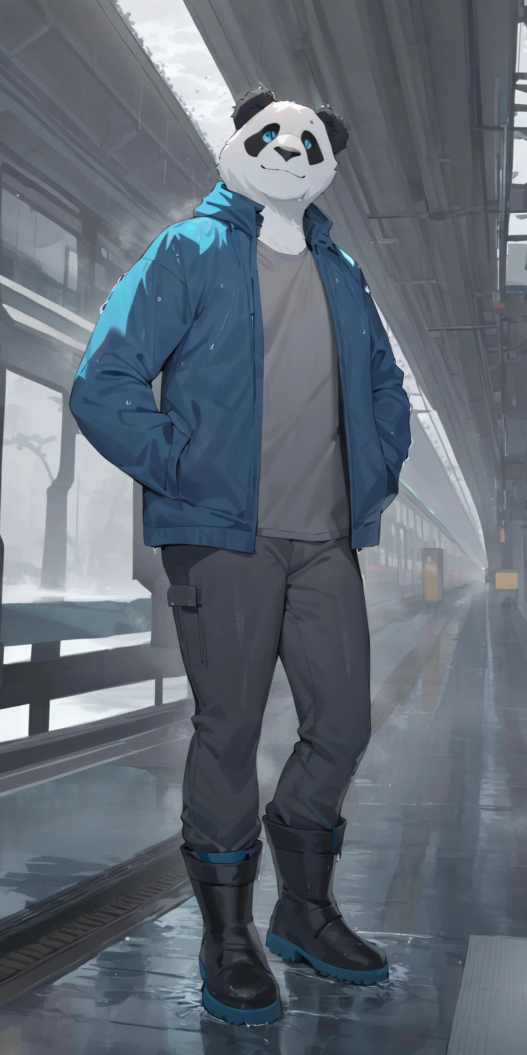 anthro humanoid male giant panda with bright and watery eyes, masterpiece, newest, absurdres, solo, wearing jacket, t-shirt, pants and boots, gentle smile, looking at viewer, train station, (rain:0.5), grey sky, (fog:0.4), wet floor, outdoors