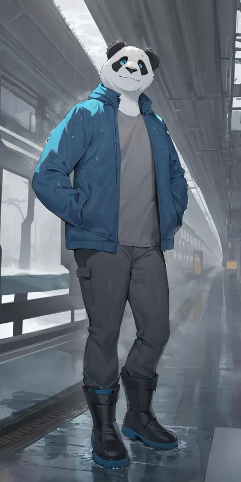 anthro humanoid male giant panda with bright and watery eyes, masterpiece, newest, absurdres, solo, wearing jacket, t-shirt, pants and boots, gentle smile, looking at viewer, train station, (rain:0.5), grey sky, (fog:0.4), wet floor, outdoors