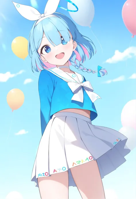 1girl,
arona \(blue archive\),blue eyes,colored inner hair,blue hair,
smile,open mouth,looking at viewer,
bow hairband,blue sailor collar,white pleated skirt,braid,choker,halo,white sailor collar,serafuku,shirt bow,long sleeves,blue school uniform,
blue sky,balloon,Many balloons,
standing,
masterpiece,best quality,absurdres,