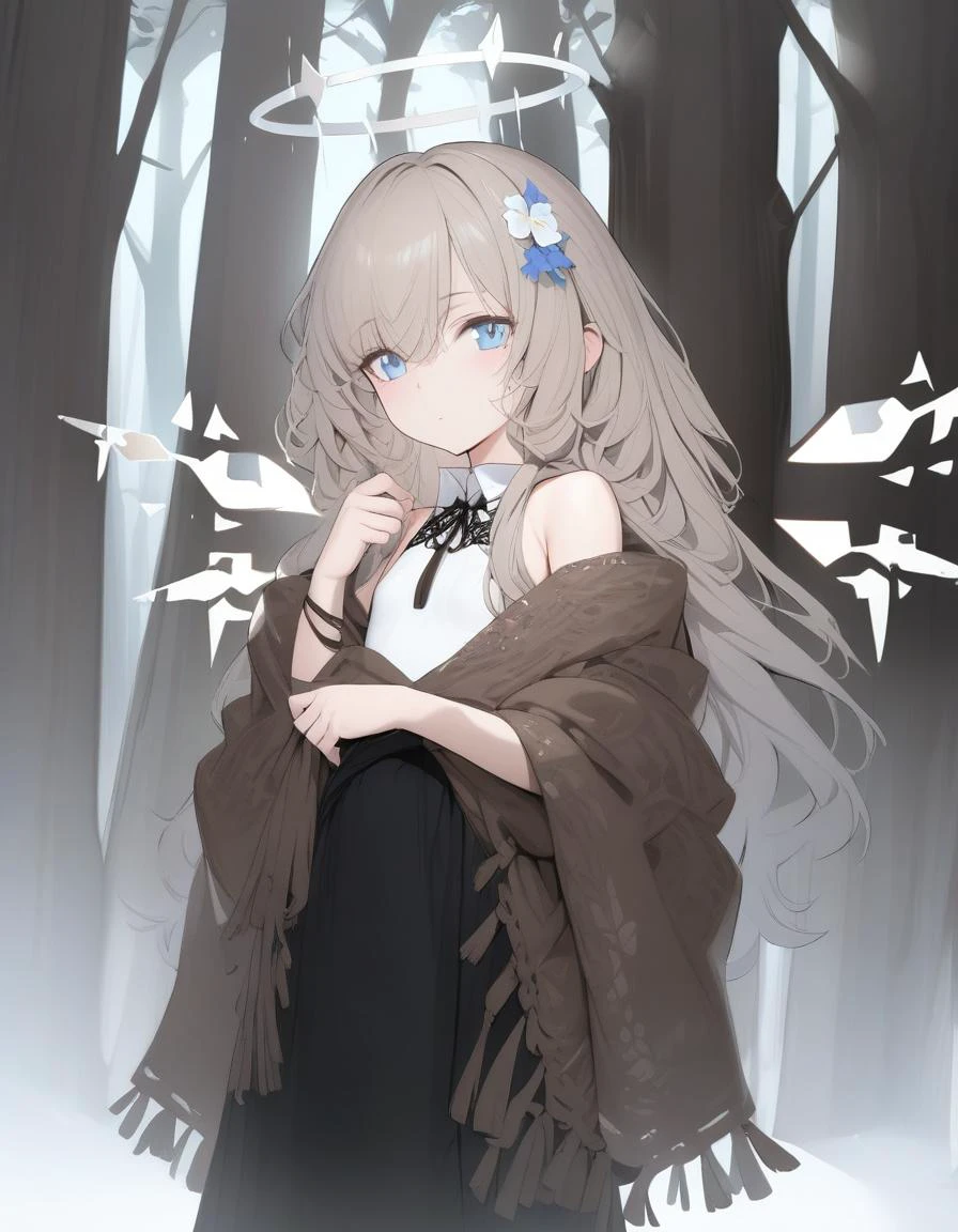 masterpiece, ultra-detailed, <lora:sesi_k_xlv1:0.8>, 1girl, solo, halo, energy wings, blue eyes, shawl, bare shoulders, flat chest, forest, , masterpiece, ultra-detailed