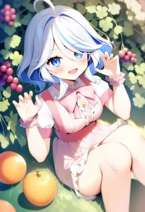 1girl,furina,(momoko (momopoco):1.5),gin00,shiratama (shiratamaco),
claw pose, hand up, looking at viewer, open mouth, smile, solo,bug, butterfly, dutch angle, flower, food, fruit, grapes,
masterpiece,best quality,absurdres,