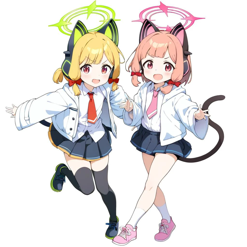 1girl,(momoko (momopoco):1.2),anmi, ogipote,
momoi \(blue archive\), midori \(blue archive\),
masterpiece, newest, absurdres,
looking at viewer, blush, open mouth, multiple girls, skirt, simple background, shirt, thighhighs, long sleeves, white background, bow, holding, 2girls, jacket, tail, full body, white shirt, :d, hair bow, pleated skirt, open clothes, necktie, shoes, shorts, collared shirt, wide sleeves, black skirt, black footwear, red bow, v-shaped eyebrows, cat tail, short shorts, headphones, halo, black shorts, white jacket, standing on one leg, sisters, twins, pink footwear, heads together, cheek-to-cheek, animal ear headphones, cat ear headphones