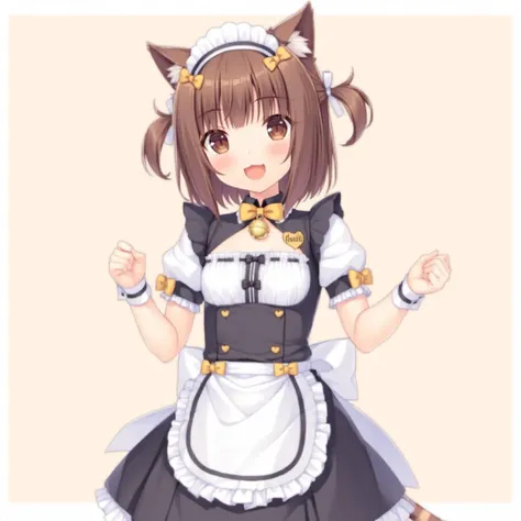 <lora:Koha-Delta-Nekopara-000010:0.85>,masterpiece, best quality,newest,
nekopara,azuki_\(nekopara\), Azuki_\(nekopara\), animal_ears, brown_hair, solo, tail, open_mouth, brown_eyes, smile, cat_ears, maid_headdress, :d, bell, cat_tail, maid, apron, short_hair, looking_at_viewer, wrist_cuffs, puffy_sleeves, jingle_bell, striped_tail, short_sleeves, two_side_up, bow, puffy_short_sleeves, food, artist_name, small_breasts, blush, waitress, waist_apron, name_tag, frills, bowtie,yellow_bow