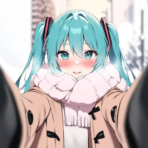 <lora:xl_pov_cheek_warming(kohaku_delta)-000004:1>,scarf,looking at viewer,blush,winter clothes,coat,blurry,pov,hatsune miku,, masterpiece, best quality,