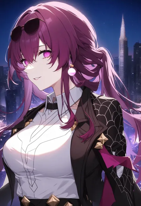 1girl, kafka \(honkai: star rail\), honkai \(series\), black jacket, black skirt, earrings, eyewear on head, formal, gloves, hair between eyes, jacket, jewelry, long hair, long sleeves, looking at viewer, purple eyes, purple hair, shirt, single earring, white shirt, upper body,
night sky, city,
masterpiece, best quality