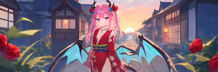 1girl,
fuzichoco, ask \(askzy\),
masterpiece, newest, absurdres,  solo.
dragon wings, tail, horns, solo, antlers, pointy ears, japanese clothes, side slit, long hair, two side up, bangs, sky, house, purple eyes, building, hair between eyes, closed mouth, medium breasts, pink hair, plant, slit pupils, standing,  sunset, river, looking at viewer, hair ornaments, walking on the street, close-up, animal, blue eyes, blue sky, bracelet, breasts, day, flower, from side, grass, indoors, jewelry, kimono, necklace, night, night sky, outdoors, red flower, red rose, rose