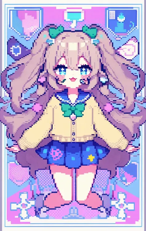 a pixel art of a girl with long hair and a bow