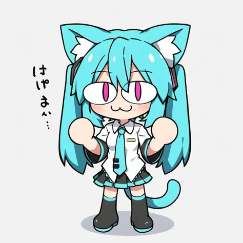 <lora:xl_neco-arc(kohaku_delta)-000005:1>,neco-arc,slit eyes,1girl,solo,cat ears,cat tail,chibi,:3,full body,hatsune miku,, masterpiece, best quality,