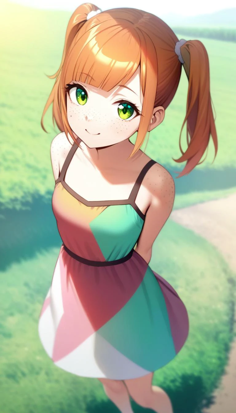 1girl,
medium ginger hair, twin tails, diagonal bangs, green eyes, happy expression, smile, freckles, extreme detailed skin,
cute colorful dress, detailed clothes texture,
masterpiece, standing, arms behind back, looking at viewer, countryside path background, from above, face closeup