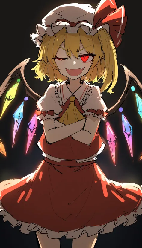 1girl, flandre scarlet, touhou, [kankan33333:5], wings, crystal, mob cap, white headwear, blonde hair, one side up, red eyes, red skirt, red vest, white puffy short sleeves, frilled shirt collar, yellow ascot, excited, one eye closed, happy, fang out, smirk, exaggerated expression, black background, dark background, sinister, border, masterpiece, best quality, great quality