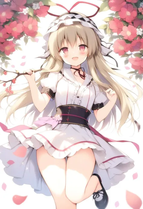 1girl,yakumo yukari,(tiv:1.5),shiratama (shiratamaco),jima,
:d, blush, holding, looking at viewer, open mouth, smile, solo, standing, standing on one leg,branch, floating hair, flower, petals, pink flower, red flower, white flower,
masterpiece,best quality,absurdres,