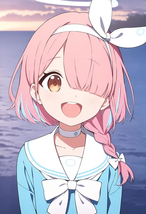 1girl,solo,outdoors,ocean,halo,blue hair,facing viewer,sky,horizon,^ ^,open mouth,cloud,bangs,upper teeth only,white hairband,white sailor collar,white choker,beach,upper body,blue shirt,serafuku,single braid,pink hair,white bow,:d,short hair,white ribbon,two-tone hair,bow hairband,water,hair ribbon,colored inner hair,puffy long sleeves,hair over one eye,bowtie
masterpiece,best quality,absurdres, <lora:kohaku_delta_style_ba_v1-000012:1>