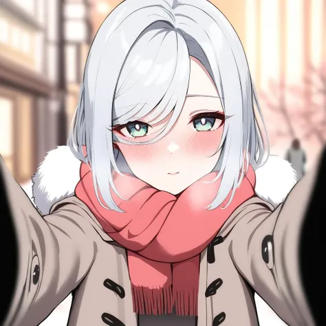 anime girl with white hair and blue eyes wearing a scarf