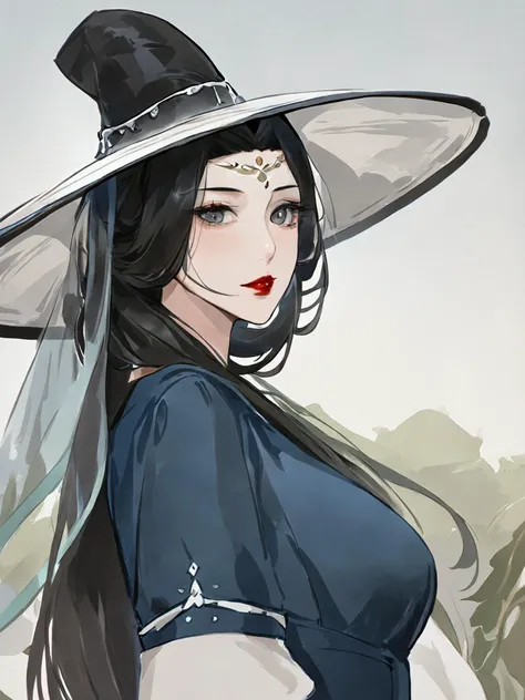 <lora:xl_æ°´å¢¨(kohaku_delta)2-000009:1>,ink wash painting, shuimo style, 1girl, solo, hat, black hair, long hair, upper body, makeup, red lips, looking at viewer, lipstick, veil, from side, grey eyes, breasts, masterpiece, best quality,