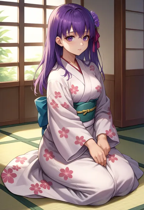 score_9, score_8_up, source_anime, 1girl, solo, SakuraMatou, purple hair, purple eyes, long hair, hair ribbon, indoors, kimono, hair flower, floral print, wariza, kneeling, <lora:ChamSakuraMatouPonyXL:1>