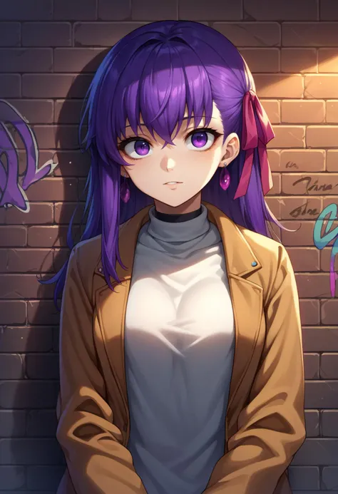 score_9, score_8_up, source_anime, 1girl, solo, SakuraMatou, purple hair, purple eyes, long hair, hair ribbon, earrings, sharp eyes, choker, neon shirt, open jacket, turtleneck sweater, night, against wall, brick wall, graffiti, dim lighting, alley, looking at viewer, <lora:ChamSakuraMatouPonyXL:1>