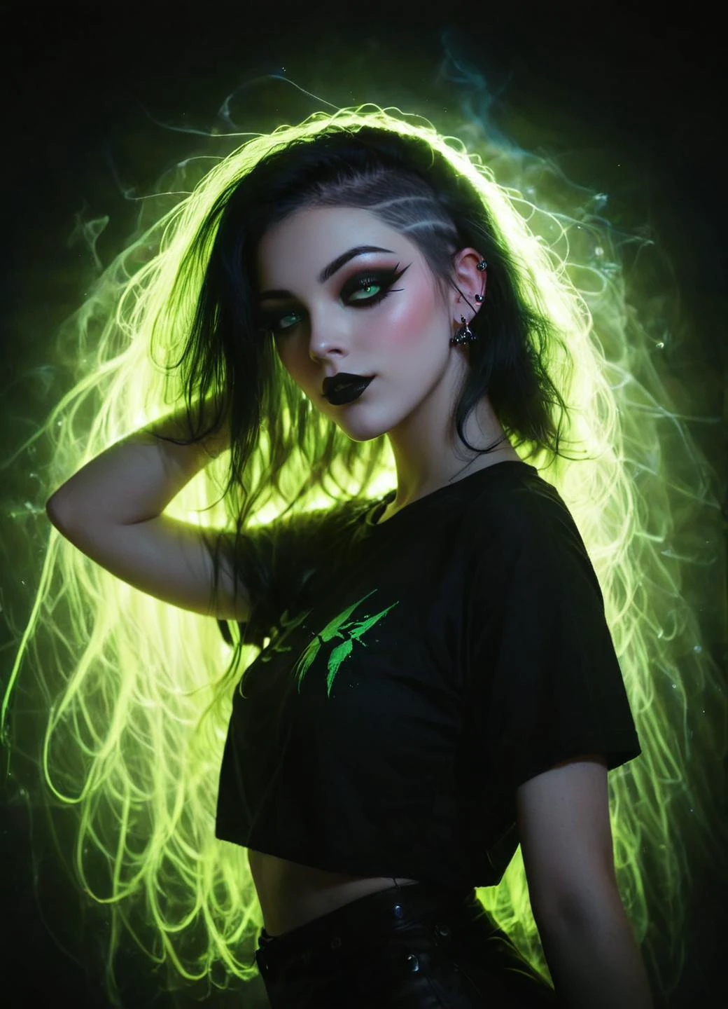 Raver girl with a macabre twist. Imagine her as a vibrant mix of darkness and neon, a living contradiction that fascinates and unsettles. Picture her with cropped, sleek hair adorned with piercings that glint under black lights.
Dressed in a gummy bear t-shirt, she defies convention, juxtaposing innocence with the eerie. Her attire is a playful nod to the surreal, a colorful contrast against her otherwise dark aesthetic. Neon hues dance upon her clothes, casting an ethereal glow amidst the shadows.
Her makeup is an intricate fusion of glam and gore, with deep, smoky eyes that seem to hold secrets of the night. Dark lipstick adorns her lips, a stark contrast against her pale complexion. Perhaps she sports faux blood drips or intricate spiderwebs delicately painted upon her skin, adding to her eerie allure.
In her presence, there's an undeniable aura of mystery and danger, drawing others into her orbit like moths to a flame. She navigates the rave scene with an otherworldly grace, her every move a mesmerizing dance between the darkness and the light. She is a raver girl like no other, a haunting melody in a sea of electronic beats.
<lora:sss:0.8> <lora:add-detail-xl:1> <lora:zavy-hrglw-sdxl:0.8> zavy-hrglw <lora:zavy-lghttrl-sdxl:0.8> zavy-lghttrl <lora:zavy-bcklt-sdxl:0.8> zavy-bcklt, subsurface scattering, Photorealistic, Hyperrealistic, analog style, realistic, film photography, soft lighting, heavy shadow