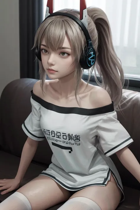 masterpiece, best quality, highres, 1girl ponytail headgear headphones, short sleeves bare shoulders white shirt white thighhighs <lora:ayanami_niconico:1> photorealistic, sitting