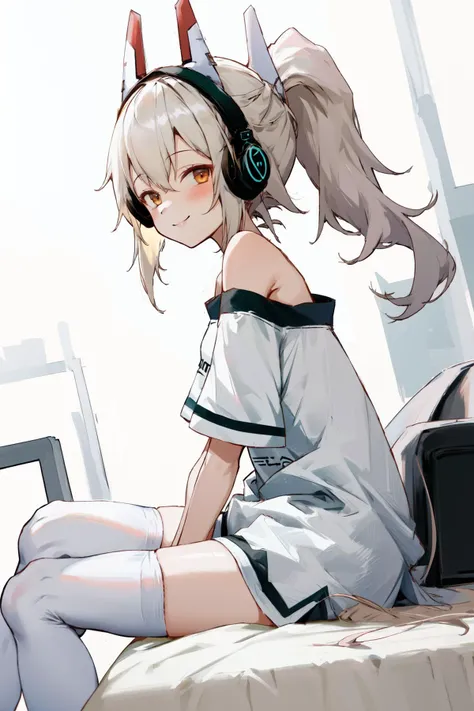masterpiece, best quality, highres, 1girl ponytail headgear headphones, short sleeves bare shoulders white shirt white thighhighs <lora:ayanami_niconico:1> sitting, from side, looking at viewer, smile