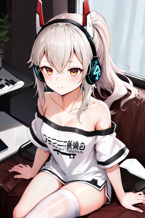 best quality, masterpiece, highres, solo, {ayanami_azurlane:1.15}, long_hair, ponytail, bangs, headgear, hair_between_eyes, sidelocks, hair_ornament, blush, blonde_hair, orange_eyes, breasts, retrofit_\(azur_lane\), red_eyes, 1girl, bare_shoulders, collarbone, looking_at_viewer, off-shoulder_shirt, off_shoulder, shirt, white_shirt, clothes_writing, headphones, short_sleeves, cleavage, head_tilt, medium_breasts