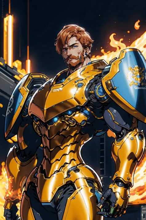 <lora:nijiarmor:0.9>, android, cybersuit, exosuit, hardsuit, mechasuit, mecha <lora:escanor-10:0.8>, escanor, armor, gold armor, blue shield, 1boy, short brown hair, fire