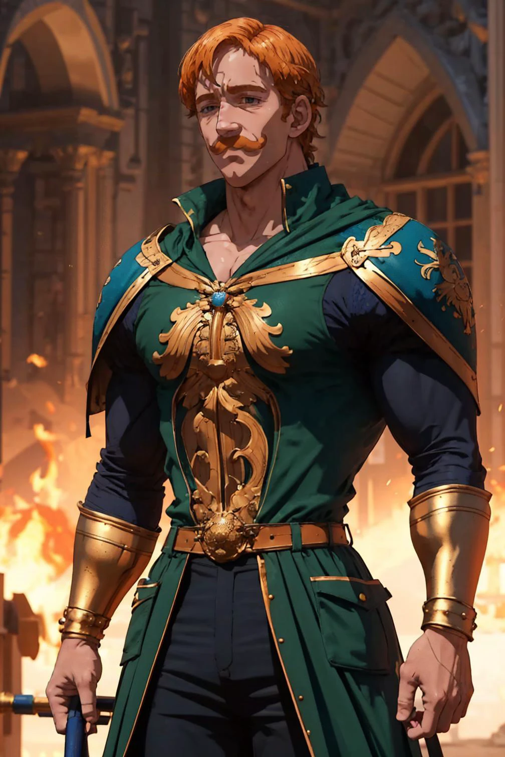 <lora:wrenchftmfshn:0.9> wrenchftmfshn, fantasy clothing, <lora:escanor-10:0.9> escanor, blue and gold drape