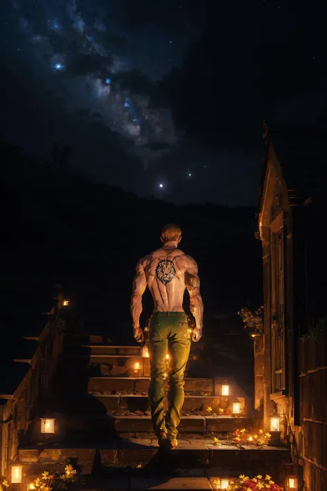 <lora:escanor-10:0.95>, escanor, 1boy, topless, tattoo, lion head on back, <lora:ghostdom_20230621222536-000016:0.7> ghostdom, night, backlight, flowers:0.5, stairs, from behind, look at viewer, stary night, stary night, (stars), (milky way), (dark environment:-0.6), (leo zodiac sign)