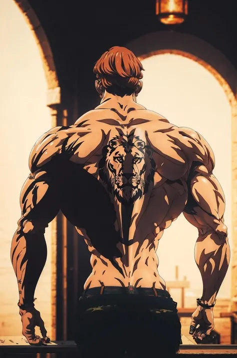 <lora:escanor-10:0.9>, escanor, from behind, tattoo, lion head on back