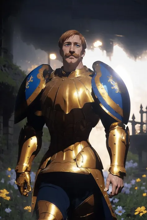 <lora:escanor-10:0.9>, escanor, 1boy, full armor, gold armor, blue shield, <lora:ghostdom_20230621222536-000016:1> ghostdom, night, backlight, flowers:0.5,