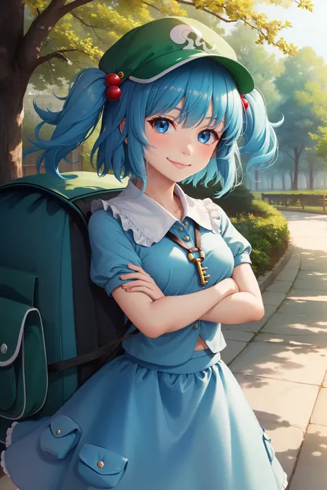 (masterpiece, best quality:1.2), <lyco:touhou_kawashiro-10:1.0>, cowboy shot, solo, 1girl, kawashiro nitori, smile, looking at viewer, crossed arms, two side up, hair bobbles, hair ornament, green headwear, hat, shirt, puffy short sleeves, skirt set, pocket, key, backpack, outdoors