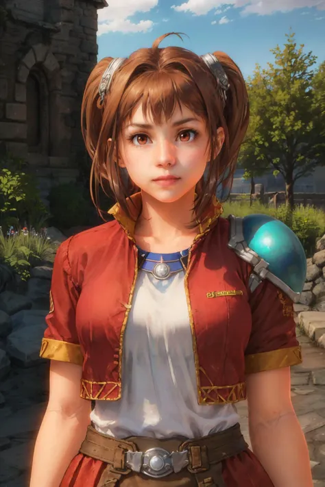 <lora:estelle-nvwls-v2-final:0.8> fcEstelle, red jacket, blue shoulder pad, white shirt, red skirt, short shorts
masterpiece, best quality, absurdres, <lyco:oblivion-style:1.0> oblivion, awkward zoom in, looking directly at viewer, in-game screenshot, cgi, bloom, hdr, outdoors, brick wall, parody, orange skin, detailed face, upper body, face viewer, zoom in