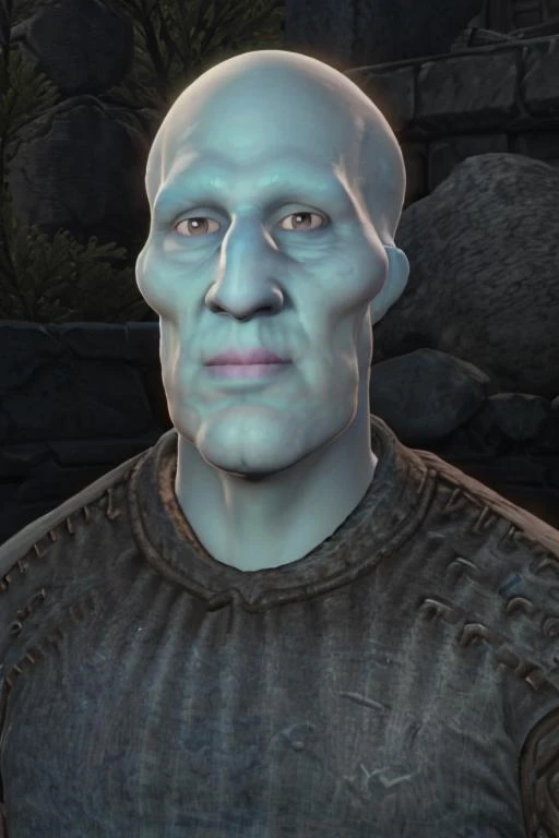 handsome-squidward as an oblivion peasant, awkward zoom in, looking at viewer, in-game screenshot, cgi, bloom, hdr, outdoors, parody, blue skin, pink lips, detailed face <lyco:oblivion-style:0.9> <lora:handsome-squidward:0.8>