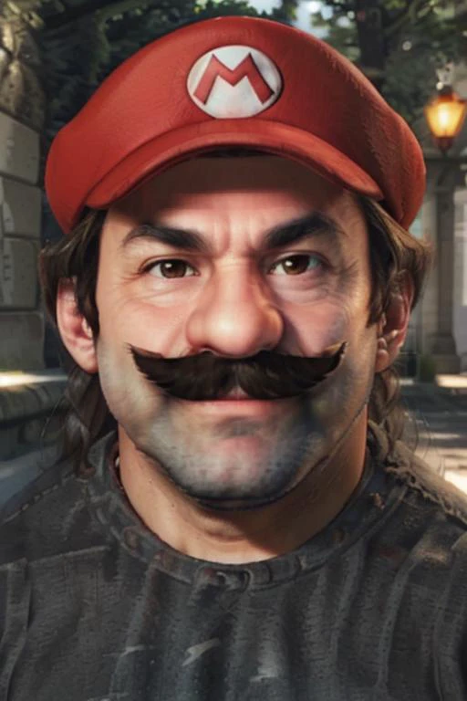 real_mario, mustache, cap, closeup, (awkward zoom in), long hair, beard, directly looking at viewer, in-game screenshot, cgi, (bloom), hdr, outdoors, parody, detailed face <lyco:oblivion-style:0.9> <lora:real_mario:0.74>