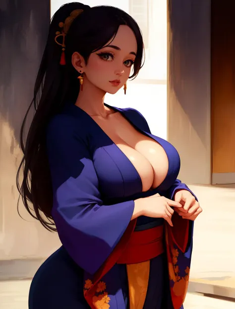 a Japanese woman wearing a kimono,(((masterpiece))),((best quality)),((intricate detailed)),((Hyperrealistic)),absurd res,milf,mature woman,perspective,highly detailed,illustration,1girl,((large breasts)),perfect hands,detailed fingers,beautiful detailed eyes,updo hair,brown eyes,( kimono:1.2),earrings,cleavage,detailed background,perfect eyes,seductive eyes,looking at the viewer,from front,<lora:muguang:0.7>
