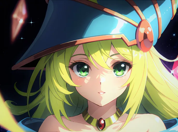 masterpiece, best quality, ultra-detailed, finely detailed, facing camera, masterpiece, anime, best quality, looking at viewer, solo, official costume, soft hair, highres, Glowing magical green eye, dust, depth of field <lora:darkMagicianGirlLora_1:0.6>, dark magician girl, magical six-pointed star background , long hair, blonde hair, blue headwear, wizard hat, spell casting, highly detailed face, highly detailed eyes, magic effects, Strapless, necklace is red gem, magic world, Duel Monsters, magic anime