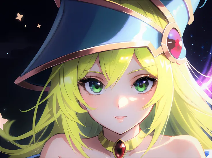 masterpiece, best quality, ultra-detailed, finely detailed, facing camera, masterpiece, anime, best quality, looking at viewer, solo, official costume, soft hair, highres, Glowing magical green eye, dust, depth of field <lora:darkMagicianGirlLora_1:0.5>, dark magician girl, magical six-pointed star background , long hair, blonde hair, blue headwear, wizard hat, spell casting, highly detailed face, highly detailed eyes, magic effects, Strapless, necklace is red gem, magic world, Duel Monsters, magic anime, long eyelashes, pornographic girl