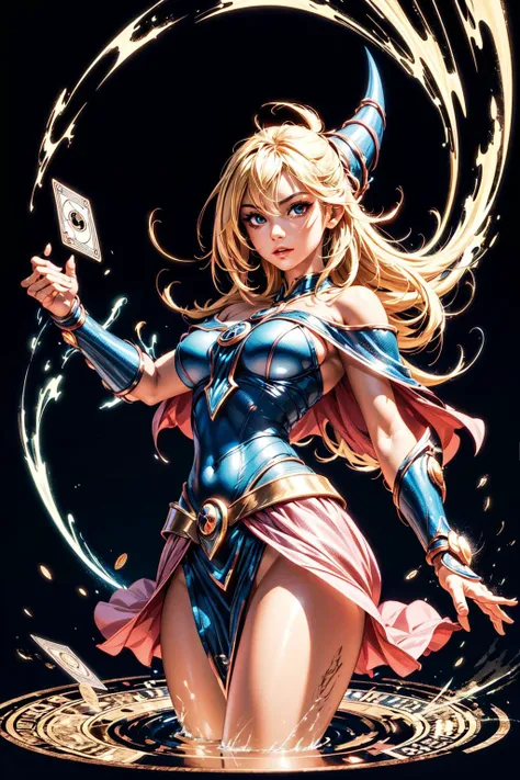 thick outlines, comics, photorealistic, perfect hands, masterpiece:1.2, dungeon, arena, Cards, 1girl, solo, dynamic pose, magic, circle of invocation, <lora:dark_magician_girl_offset:0.9>, dark magician girl, long skirt, blonde hair, medium breast, detailed background, detailed face, detailed eyes, <lora:add_detail:0.8>