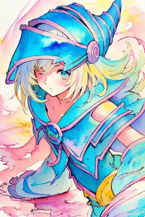(moist paper,bright watercolor style,comfort,pastel painting illustration,concise,watercolor rendering,natural rendering,pigments mix naturally:1.3),
(white theme,bright theme,:1.3),(dark magician girl:1.4)
<lora:dark_magician_girl_offset:0.8>