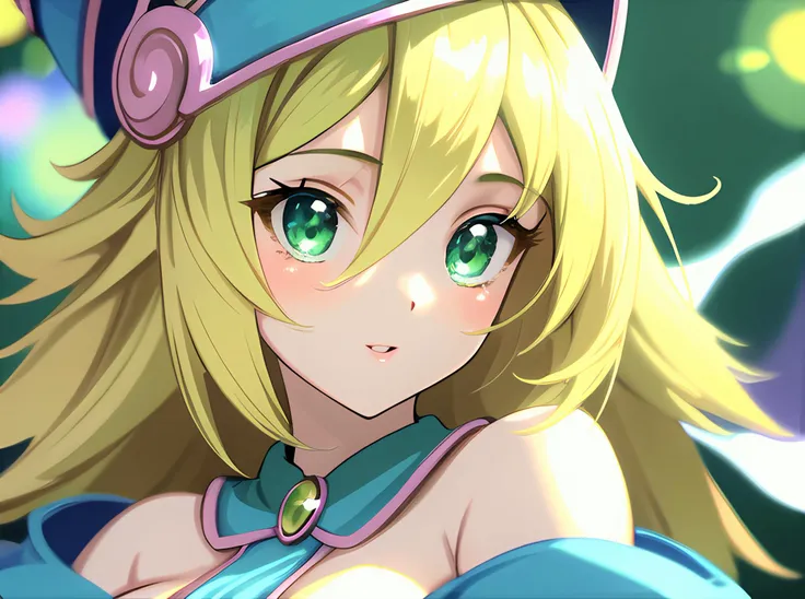 masterpiece, best quality, ultra-detailed, finely detailed, facing camera, masterpiece, anime, best quality, looking at viewer, solo, official costume, soft hair, highres, Glowing magical green eye, dust, depth of field <lora:darkMagicianGirlLora_1:0.6>, dark magician girl, (background is magic circle :1), long hair, blonde hair, blue headwear, wizard hat, spell casting, highly detailed face, highly detailed eyes, magic effects, Strapless, porn
