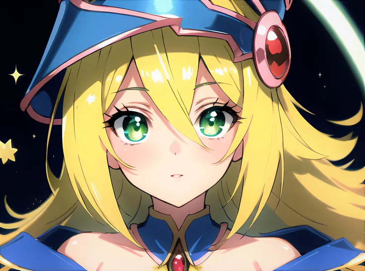 masterpiece, best quality, ultra-detailed, finely detailed, facing camera, masterpiece, anime, best quality, looking at viewer, solo, official costume, soft hair, highres, Glowing magical green eye, dust, depth of field <lora:darkMagicianGirlLora_1:0.5>, dark magician girl, magical six-pointed star background , long hair, blonde hair, blue headwear, wizard hat, spell casting, highly detailed face, highly detailed eyes, magic effects, Strapless, necklace is red gem, magic world, Duel Monsters, magic anime, long eyelashes, perfectly symmetrical