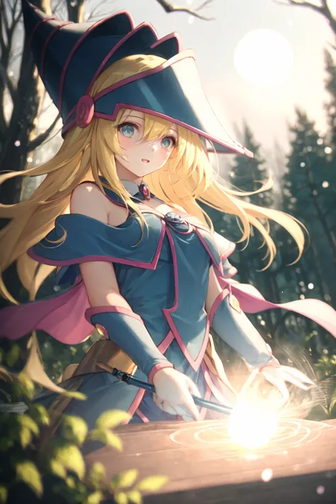 dark magician girl, masterpiece, best quality, (1girl), solo, (forest), long hair, blonde hair, blue headwear, wizard hat, spell casting, nature, trees:1.2, motion blur, magic, (moonlight:1.2), chromatic aberration, depth of field, soft lighting, highly detailed face, highly detailed eyes, <lora:darkMagicianGirlLora_1:0.6>, <lora:dpep2 768:0.7>
