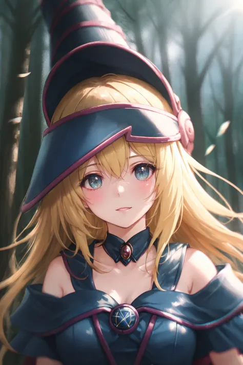 dark magician girl, masterpiece, best quality, (1girl), solo, (forest), long hair, blonde hair, blue headwear, wizard hat, spell casting, nature, trees:1.2, motion blur, magic, (moonlight:1.2), chromatic aberration, depth of field, soft lighting, highly detailed face, highly detailed eyes, <lora:darkMagicianGirlLora_1:0.6>, <lora:dpep2 768:0.7>