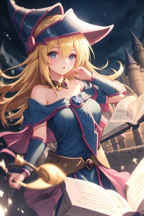 dark magician girl, masterpiece, best quality, (1girl), solo, (water), long hair, blonde hair, blue headwear, wizard hat, spell casting, castle, castle:2, motion blur, book, magic, (moonlight:1.2), chromatic aberration, depth of field, soft lighting, highly detailed face, highly detailed eyes, <lora:darkMagicianGirlLora_1:0.6>, <lora:dpep2 768:0.7>