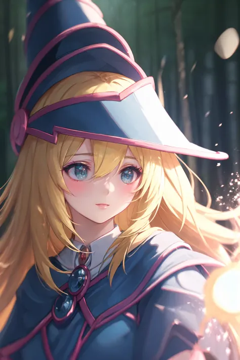 dark magician girl, mksks style, masterpiece, best quality, (1girl), solo, (forest), long hair, blonde hair, blue headwear, wizard hat, spell casting, nature, trees:1.2, motion blur, magic, (moonlight:1.2), chromatic aberration, depth of field, soft lighting, highly detailed face, highly detailed eyes, <lora:darkMagicianGirlLora_1:0.6>, <lora:dpep2 768:0.7>