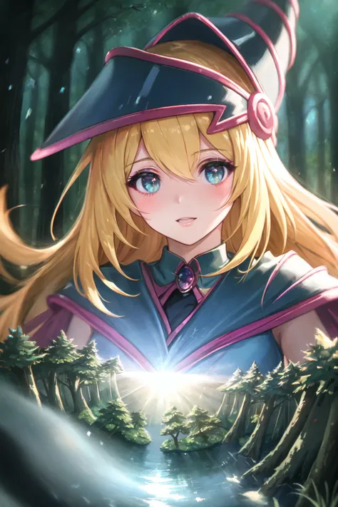 dark magician girl, masterpiece, best quality, (1girl), solo, (forest), long hair, blonde hair, blue headwear, wizard hat, spell casting, nature, trees:1.2, motion blur, magic, (moonlight:1.2), chromatic aberration, depth of field, soft lighting, highly detailed face, highly detailed eyes, <lora:darkMagicianGirlLora_1:0.6>, <lora:dpep2 768:0.7>