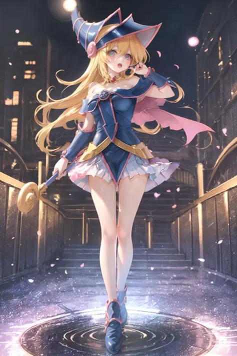 dark magician girl, masterpiece, best quality, 1girl, blonde hair, blue footwear, blue headwear, breasts, duel monster, hat, hexagram, large breasts, long hair, looking at viewer, nail polish, open mouth, pentacle, pentagram, solo, staff, wand, wizard hat, yu-gi-oh!, <lora:dpep2 768:1>,  <lora:darkMagicianGirlLora_1:0.6>